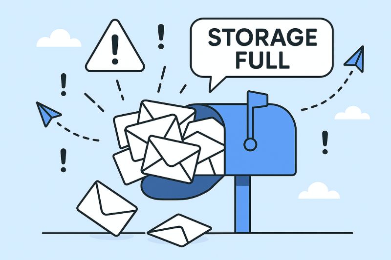 Illustration of a blue mailbox overflowing with envelopes, surrounded by exclamation marks, paper planes, and a speech bubble saying "STORAGE FULL"—signaling an “Email Sent But Not Received By Recipient” issue.