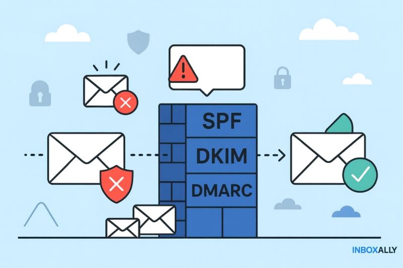 Diagrama mostrando e-mails que passam pelos filtros SPF, DKIM e DMARC, com alguns rejeitados e um aceito - ilustrando como a autenticação pode causar um problema de 