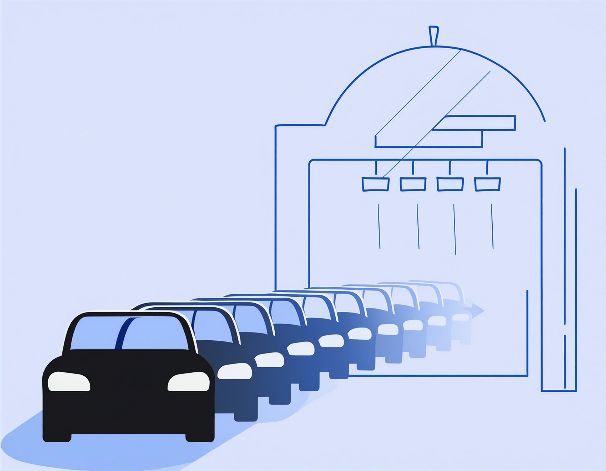 Illustration of several cars lined up in front of a car wash with an arched entrance, much like carefully organizing tasks to clean an email list.