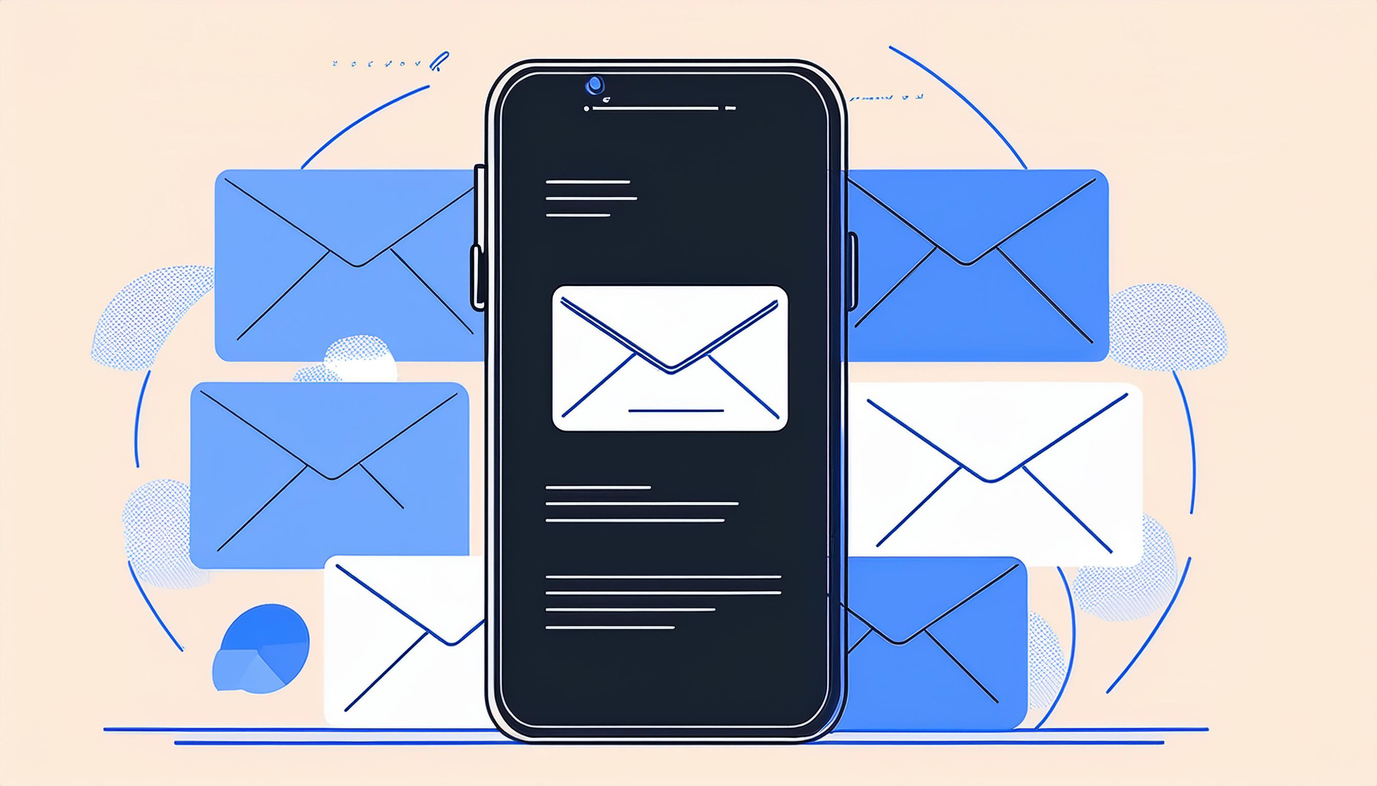 An illustration of a smartphone displaying an email icon on its screen, surrounded by several blue and white email envelopes.