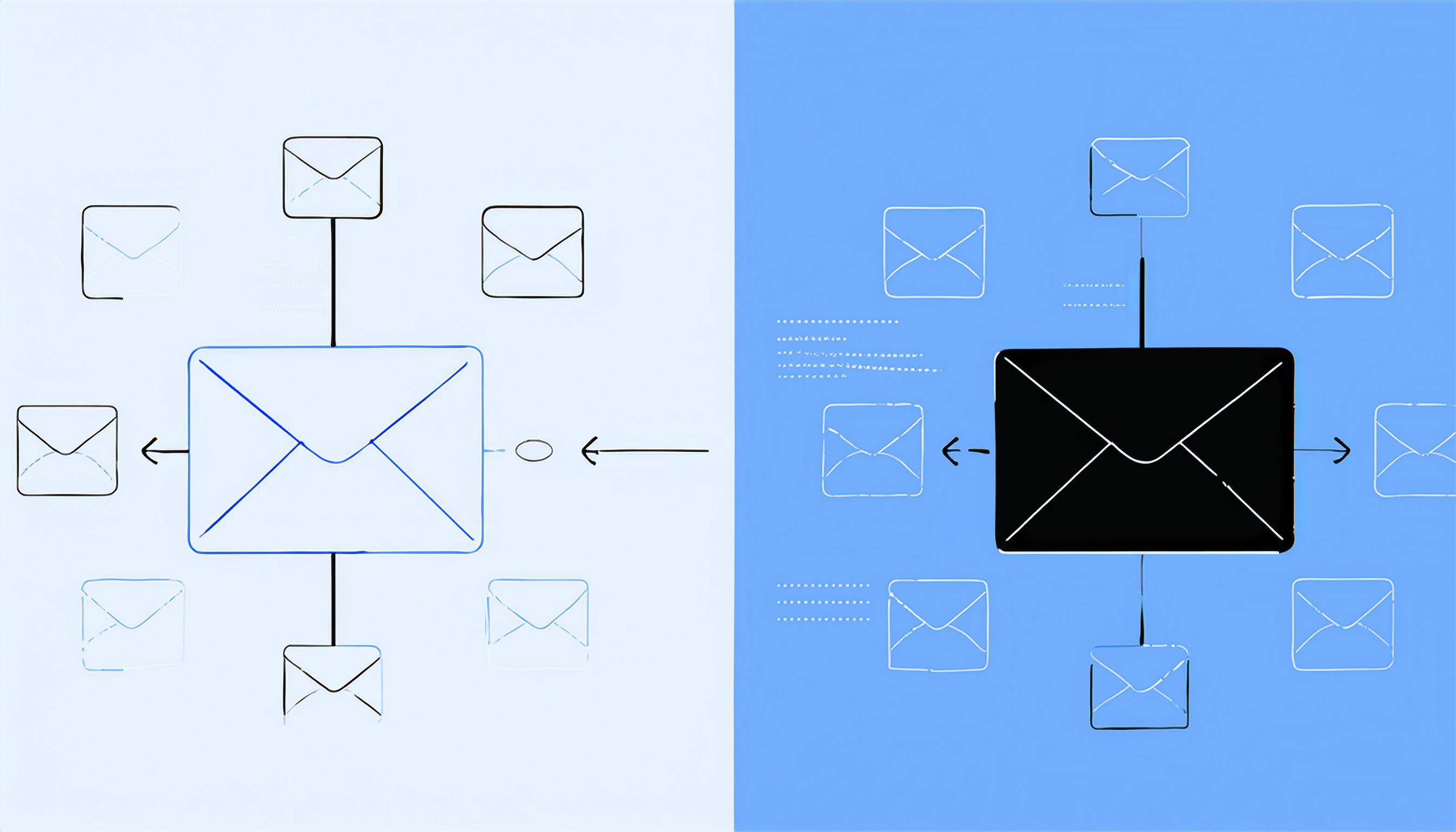 Diagram featuring envelopes representing email communication. The left side shows multiple smaller envelopes connecting to one large envelope. The right side shows a similar setup in blue and black tones.