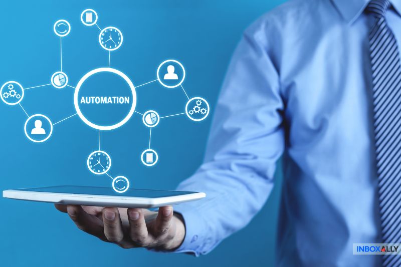 A person holds a tablet showcasing an automation concept, network icons orbiting a central "Automation" circle on a blue background, hinting at seamless processes even when facing challenges like Yahoo blocking emails.