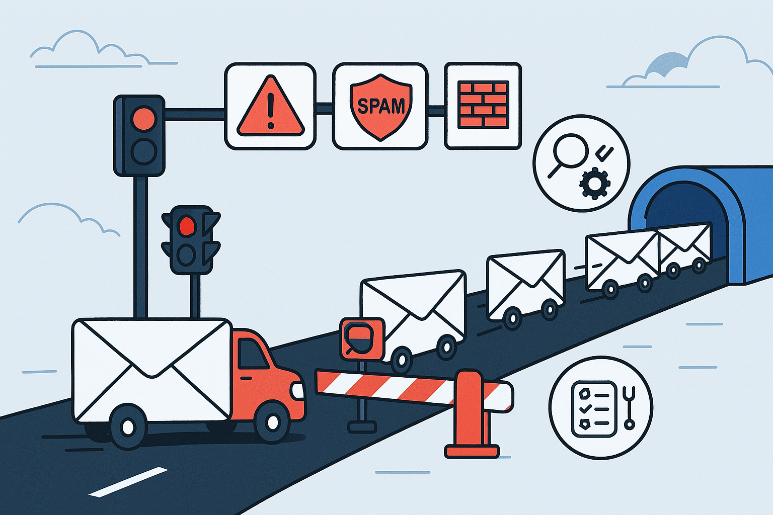 Illustration of envelopes in vehicles halted at a gate, with signs depicting spam filter, Yahoo blocking my emails, and search icons, symbolizing the email filtering process.
