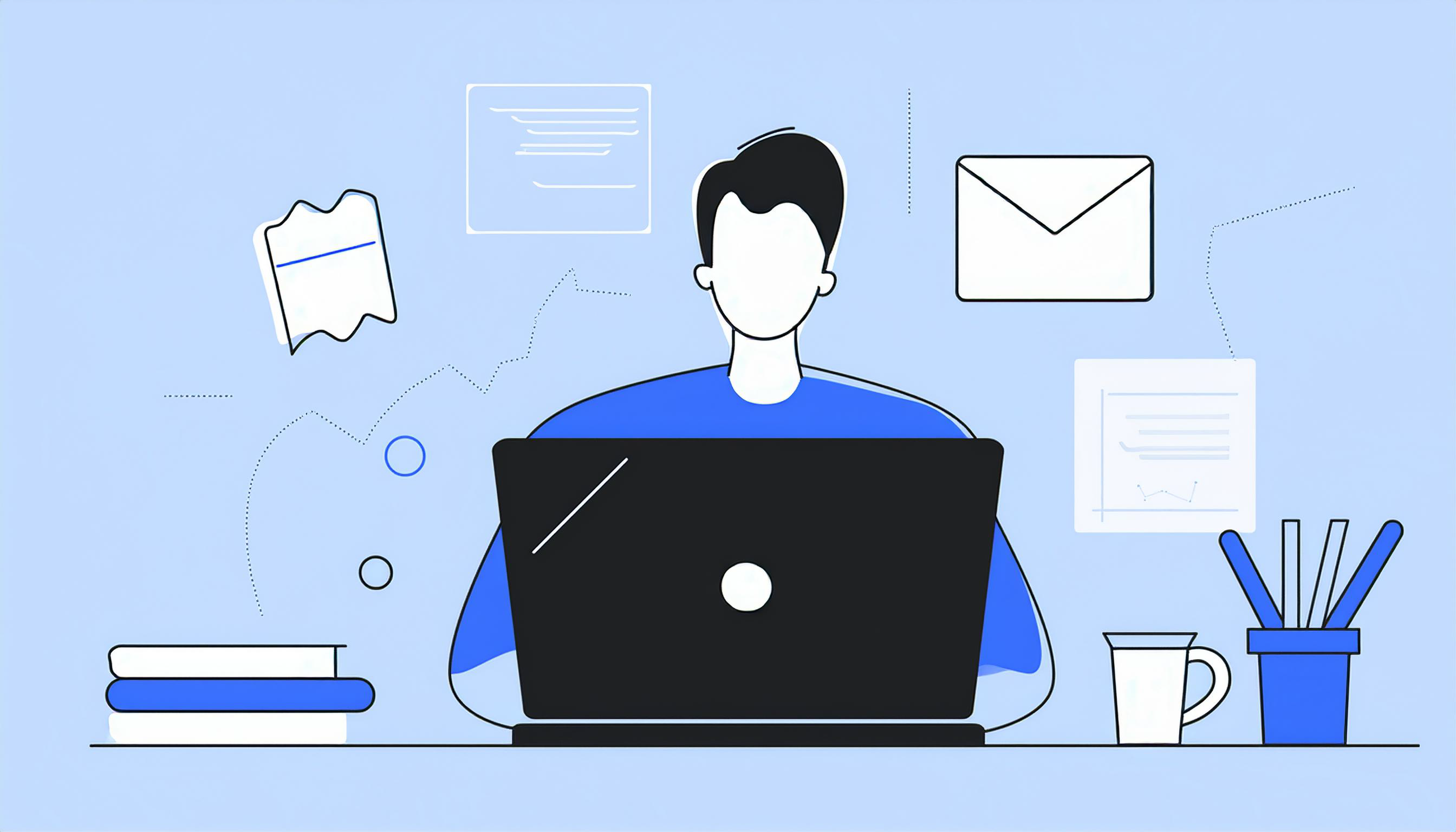 A simplified illustration of a person working on a laptop surrounded by various icons and office items, including documents, an envelope, books, and a pencil holder. One screen displays "best guest post email templates for 2024," showcasing the latest trends in digital communication.