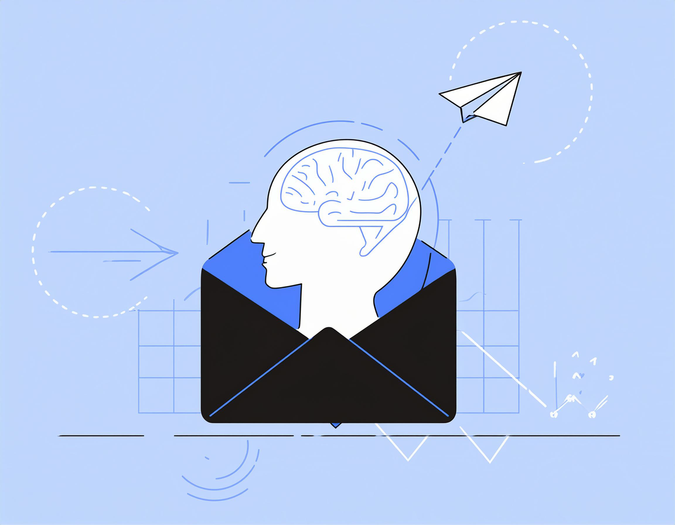 An illustration shows a human head with a brain inside an envelope, with a paper airplane flying out, depicting the concept of bypassing spam filters. Set against a light blue background with various abstract elements, it captures the essence of communicating effectively and unspamming an email.