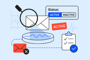 Illustration of envelopes, a magnifying glass, a clipboard with a checklist, and status labels marked "ACTIVE" and "INACTIVE," representing email address verification or tools to check if an email is valid.