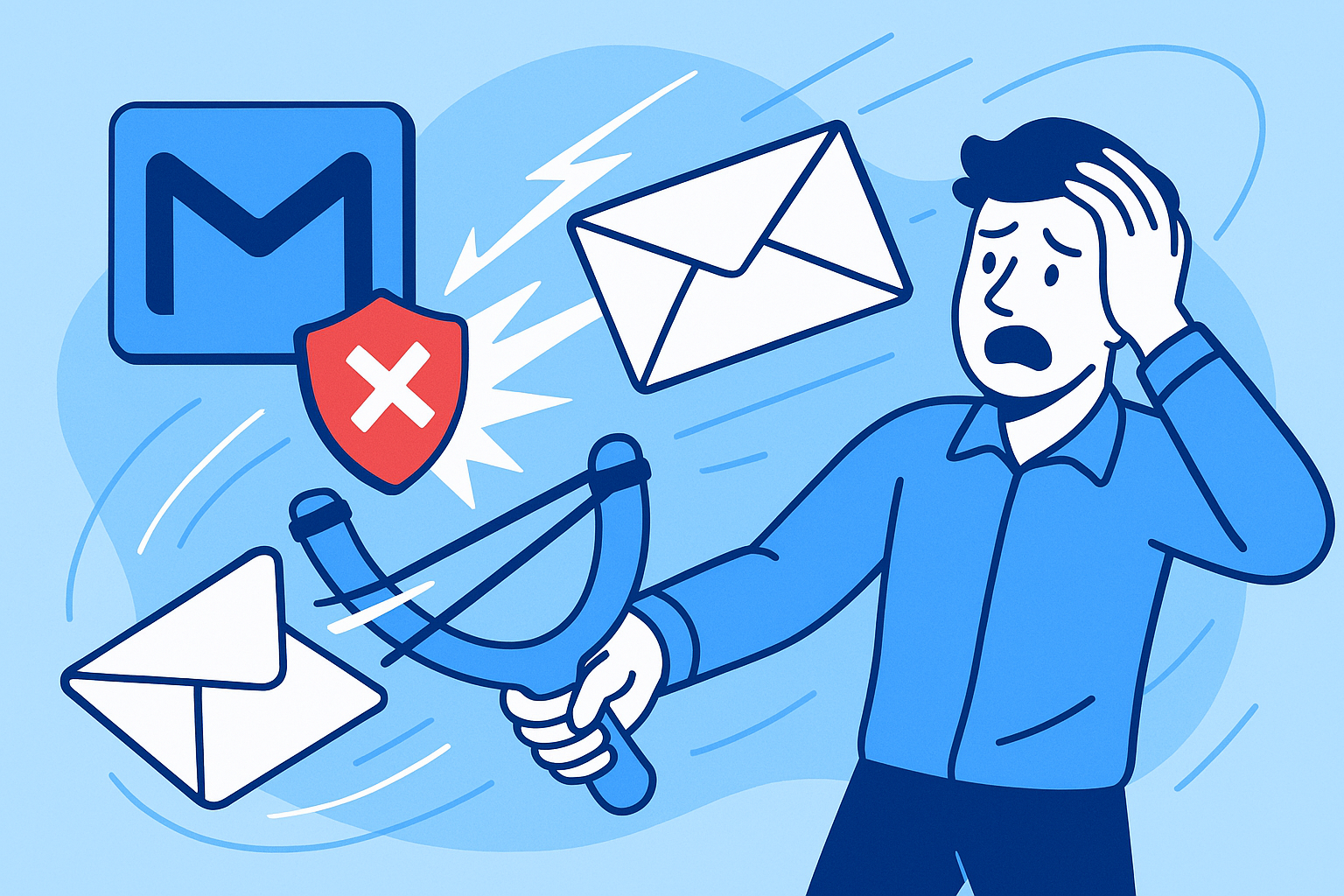 Illustration of a person using a slingshot to deliver envelopes and a shield with a red cross. This visual metaphor represents tackling the dilemma of “why is Gmail blocking my emails.”