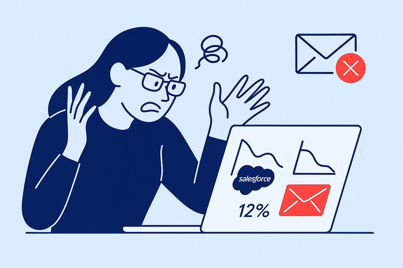 Illustration of a frustrated woman at a laptop displaying declining charts, 12%, Salesforce logo, and an email error symbol—highlighting e-mails do Salesforce que vão para o spam, shown by an email icon with an X above.