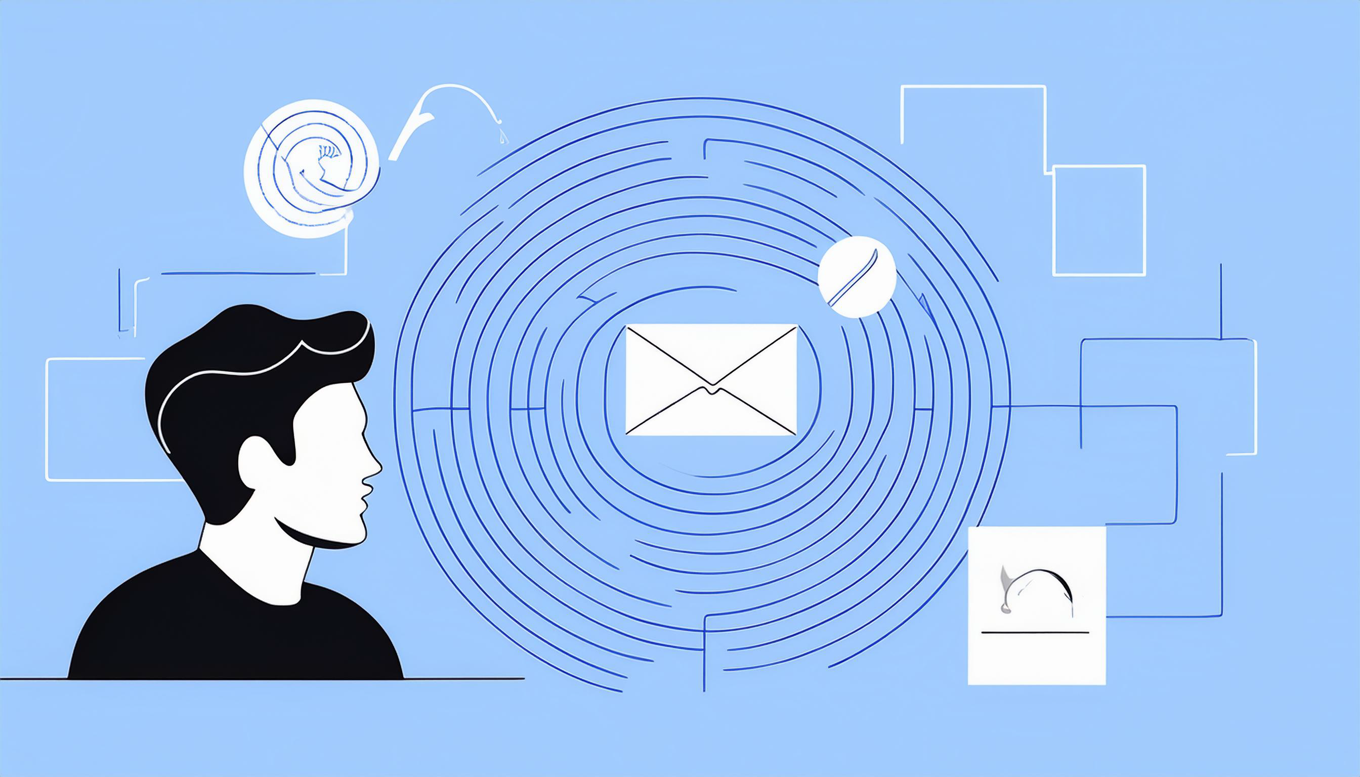 Illustration of a person looking at an envelope at the center of a maze with various icons and diagrams surrounding it, set against a blue background.