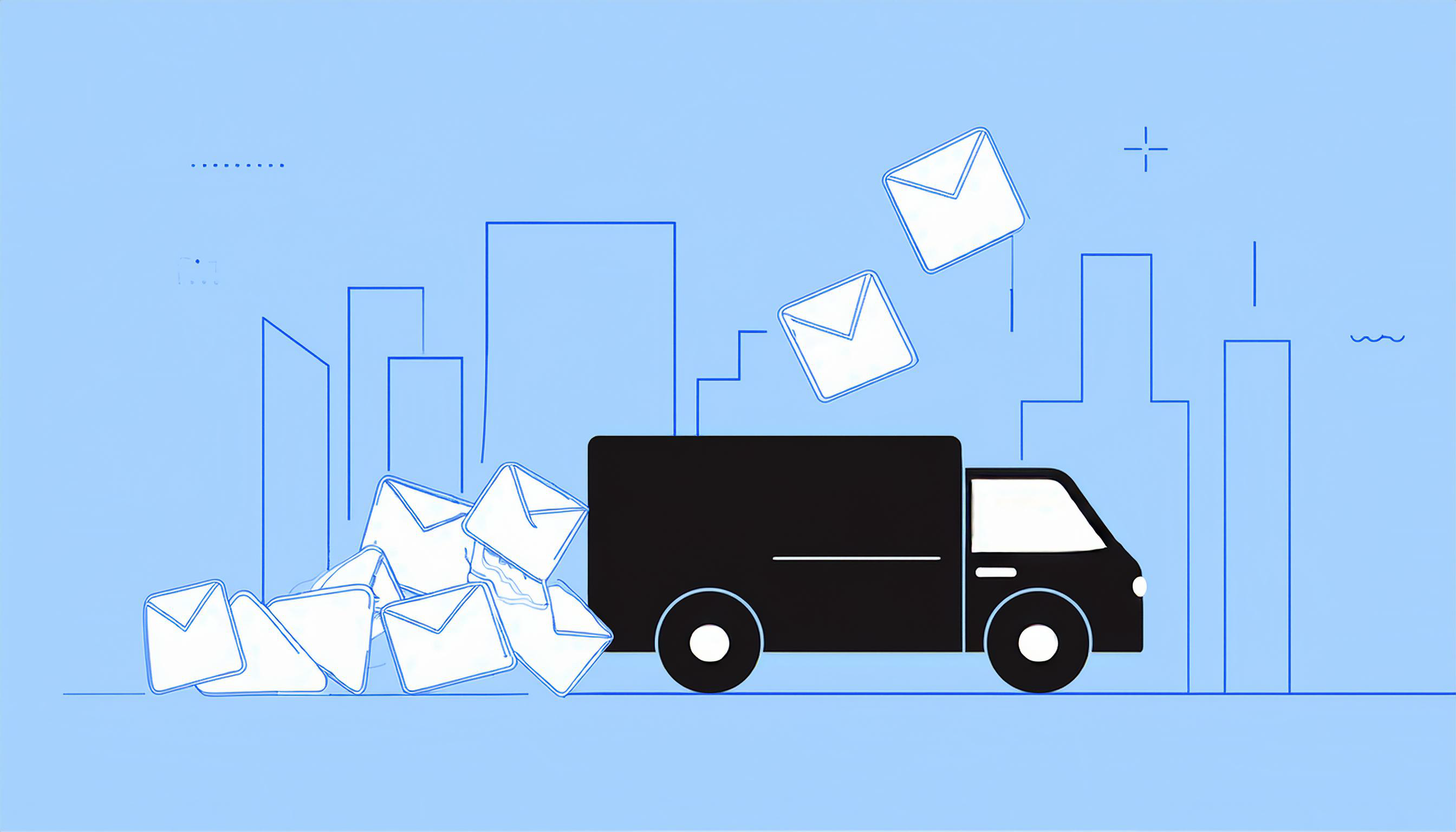 Illustration of a black delivery truck against a city skyline, with envelopes spilling out from the back, symbolizing the distribution of mail or parcels.