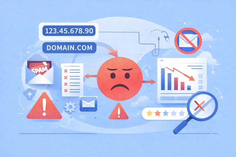 Illustration of a frustrated face surrounded by digital elements like IP address, domain, spam email, and error icons—highlighting online security concerns and common causes of email delivery issues.