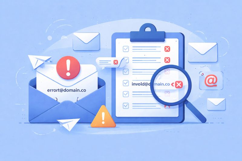Illustration of emails and a clipboard with checklists, magnifying glass focusing on an invalid email address, warning icons, and paper planes, symbolizing Email Delivery Issues and their Causes.