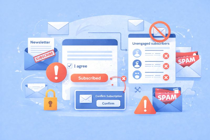 Illustration of email subscription process, featuring newsletter sign-up, confirmation, unsubscribing unengaged users, and spam warnings, with icons for security and notifications to highlight email deliverability and fix email problems.