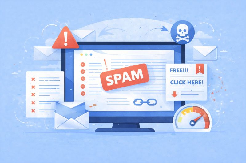 A computer screen displays a spam warning, surrounded by icons representing phishing emails, alerts, and threats, illustrating the causes of Email delivery issues and highlighting key email security risks.