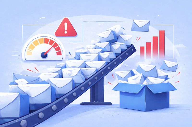 A conveyor belt delivers many envelopes into a box, with warning, speedometer, and bar graph icons in the background, hinting at email delivery issues or overload.