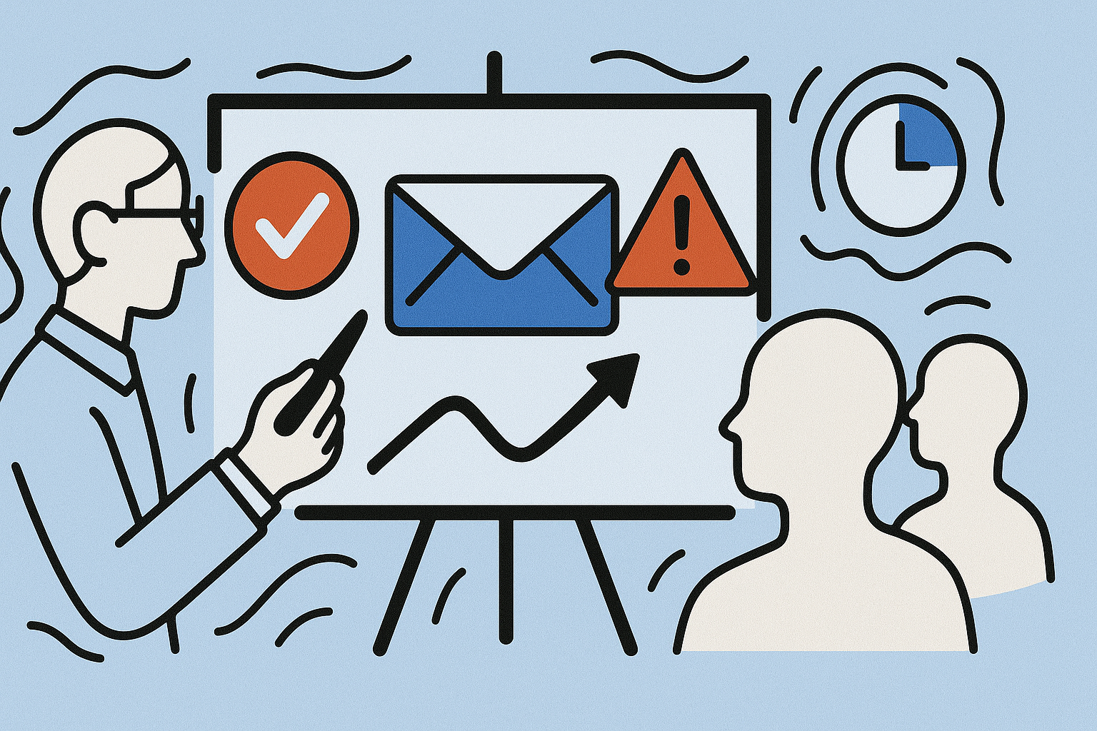 Illustration of a person giving a presentation on Email Marketing Advantages and Disadvantages, with a chart, envelope, checkmark, warning symbol, and clock on a whiteboard, while two people observe.