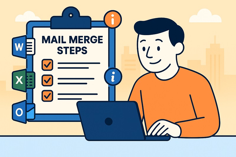 Ilustración de una persona utilizando un ordenador portátil, con un portapapeles titulado