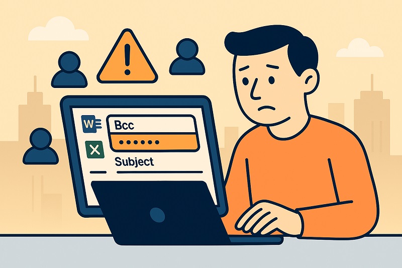 Una ilustración de una persona ante un ordenador portátil, con cara de preocupación, con símbolos de advertencia y campos de correo electrónico como CCO y Asunto mostrados en la pantalla, sugiriendo problemas con la privacidad de los datos al intentar enviar correos electrónicos masivos.