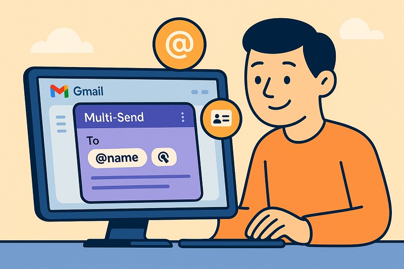 Ilustración de una persona utilizando Gmail en un ordenador, redactando un correo electrónico de envío múltiple a varios destinatarios con etiquetas de nombre de usuario mostradas en la pantalla, demostrando cómo enviar correos electrónicos masivos de forma eficiente.