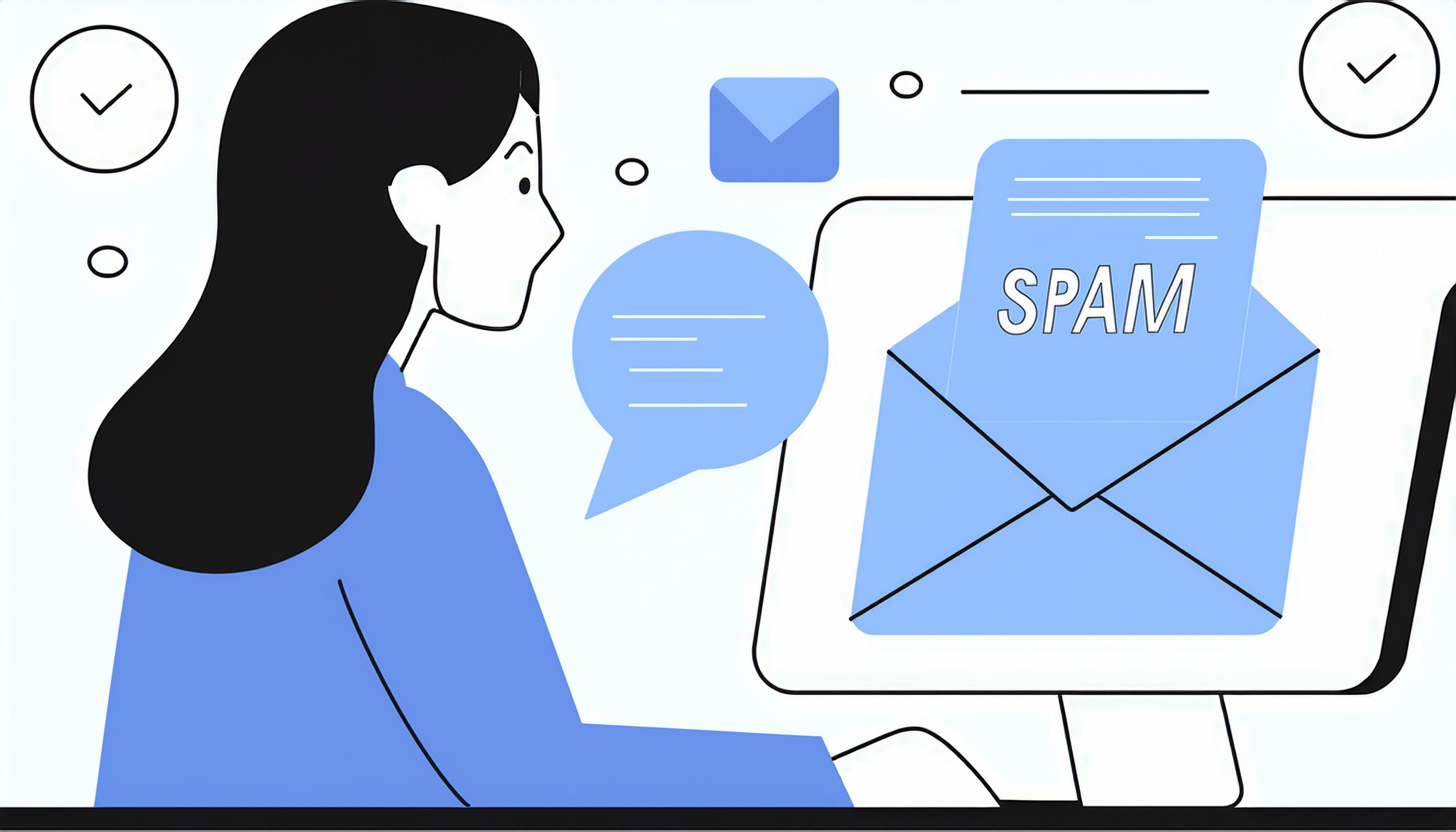 Illustration of a person using a computer, featuring an email marked "spam" on the screen and various communication icons around, highlighting expert tips for creating spam-proof emails.