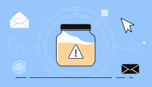 Illustration of a jar with an exclamation mark label, cleverly highlighting the concept to avoid email honeypots, surrounded by icons of envelopes, an arrow cursor, and an email symbol on a blue background.