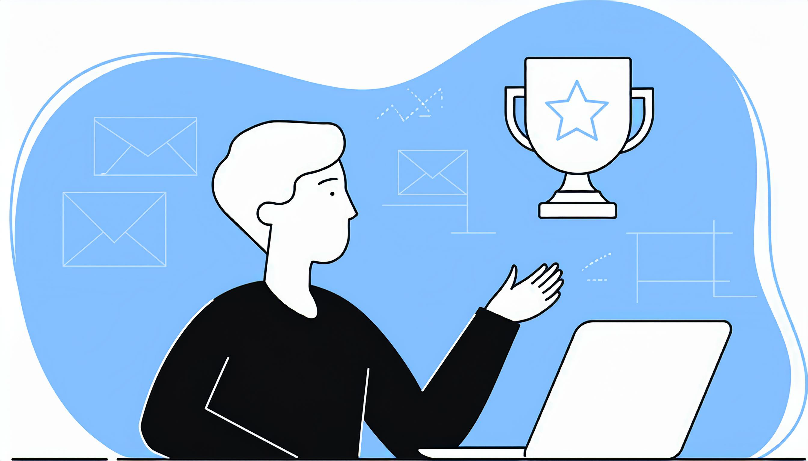 Illustration of a person sitting at a desk with a laptop, gesturing towards a trophy with a star on it, symbolizing achievement. The background includes envelope and chart icons, highlighting email deliverability solutions.