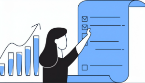 A person is standing in front of a large checklist, marking items off. Behind them is a bar chart with an upward arrow, symbolizing Email Marketing success. The image is illustrated in shades of blue and black.