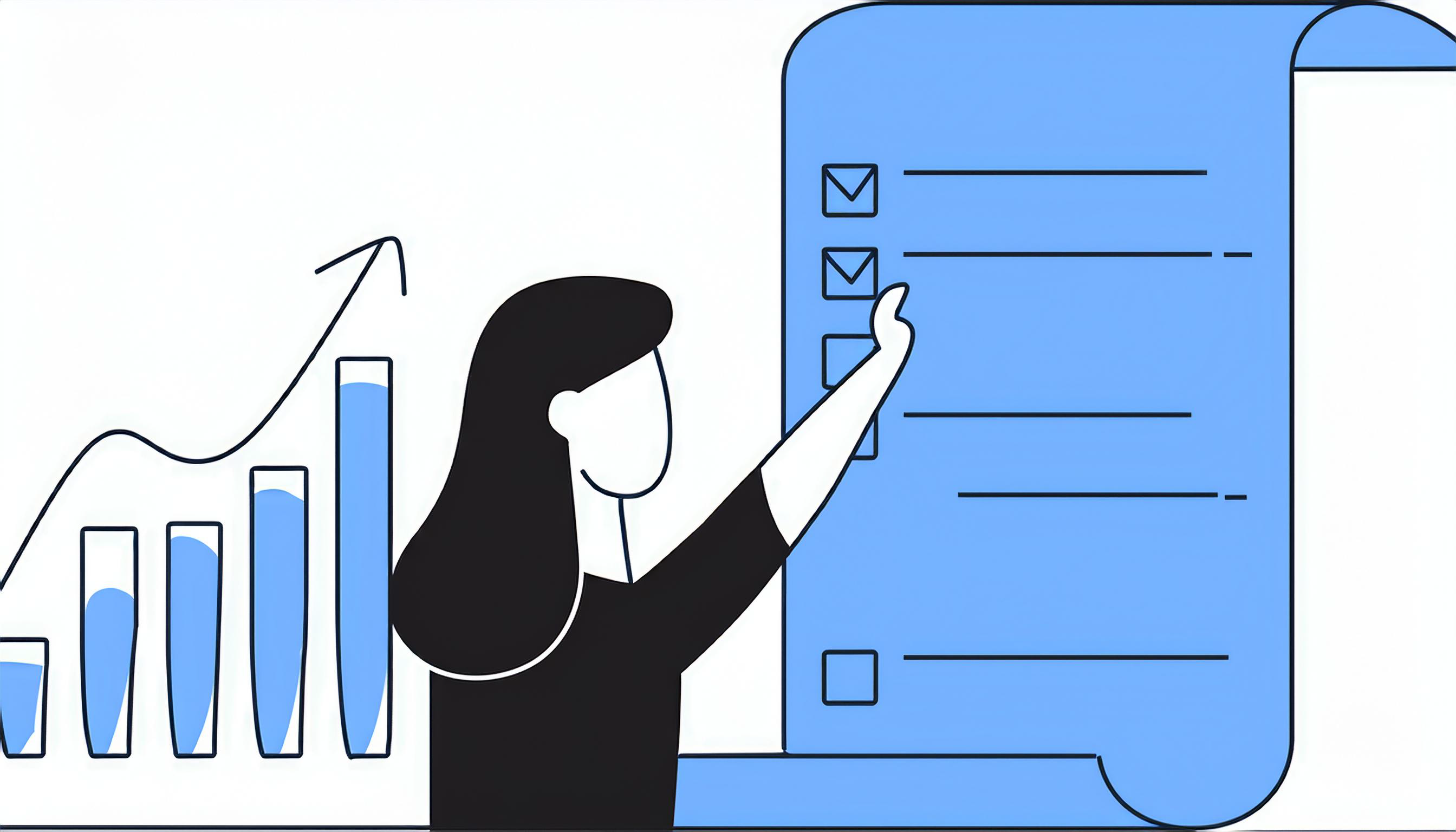 A person is standing in front of a large checklist, marking items off. Behind them is a bar chart with an upward arrow, symbolizing Email Marketing success. The image is illustrated in shades of blue and black.