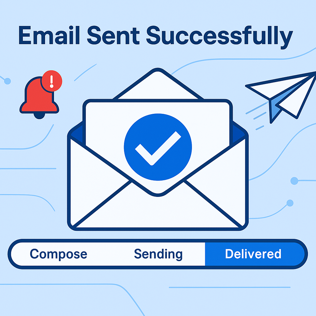 The email sent confirmation screen features an envelope with a checkmark icon, indicating the email was sent successfully. A red notification bell is on the left, while a paper airplane graces the right. The status bar proudly highlights "Delivered.