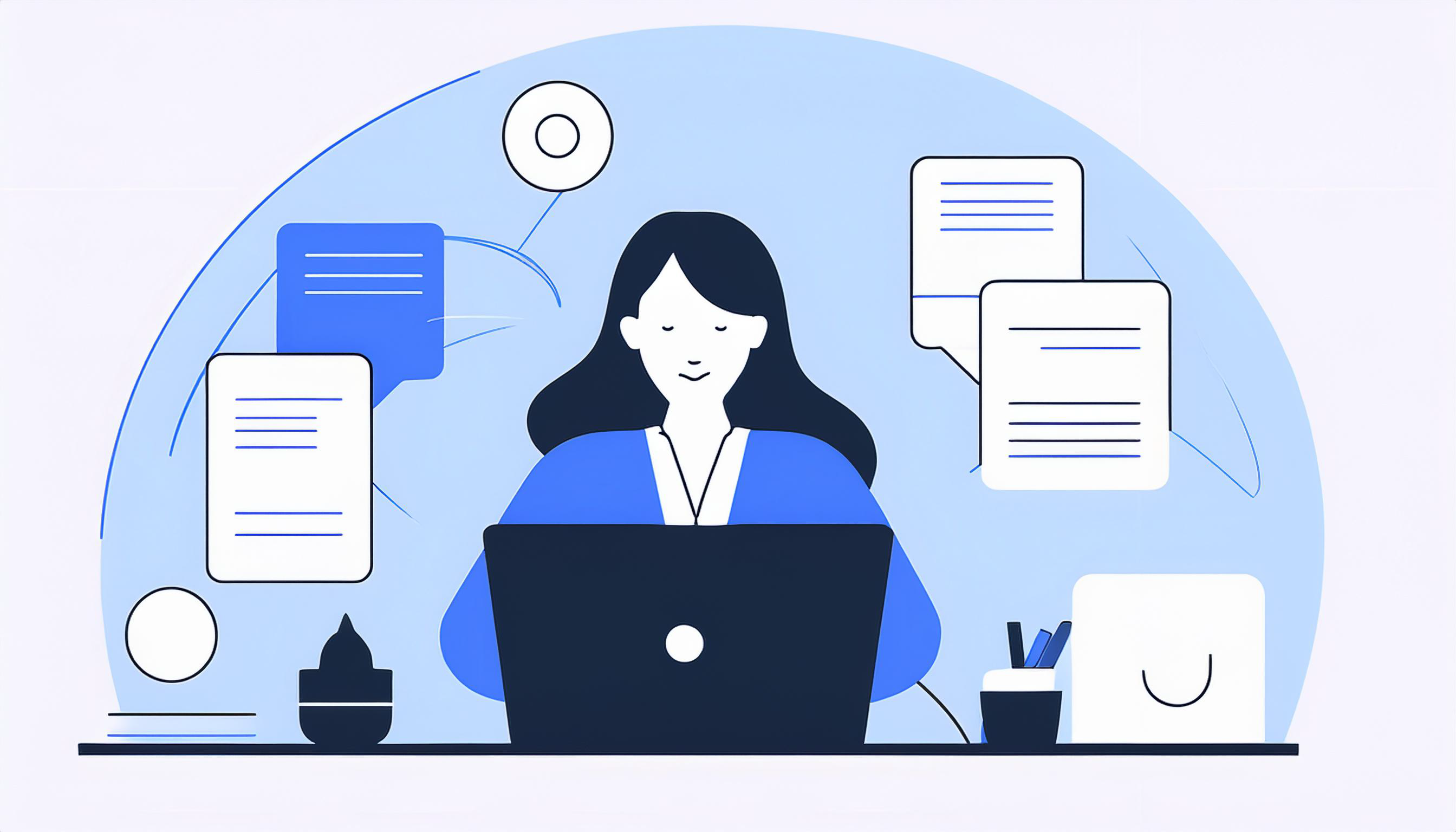 Illustration of a person typing on a laptop, surrounded by floating chat and document icons, symbolizing LinkedIn Outreach Templates.