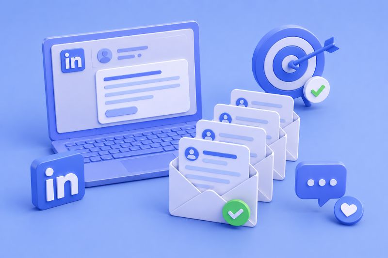 3D illustration of a laptop displaying a LinkedIn profile, LinkedIn templates, three emails with checkmarks, a target with an arrow, and LinkedIn and chat icons—all in blue tones.