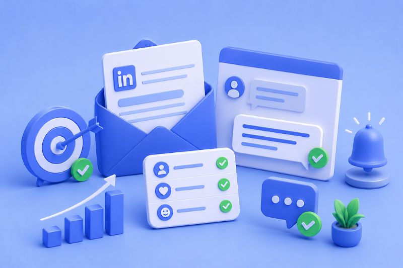Illustration of LinkedIn outreach strategies showing personalized messaging, timely follow-ups, and engagement tactics that increase reply rates.