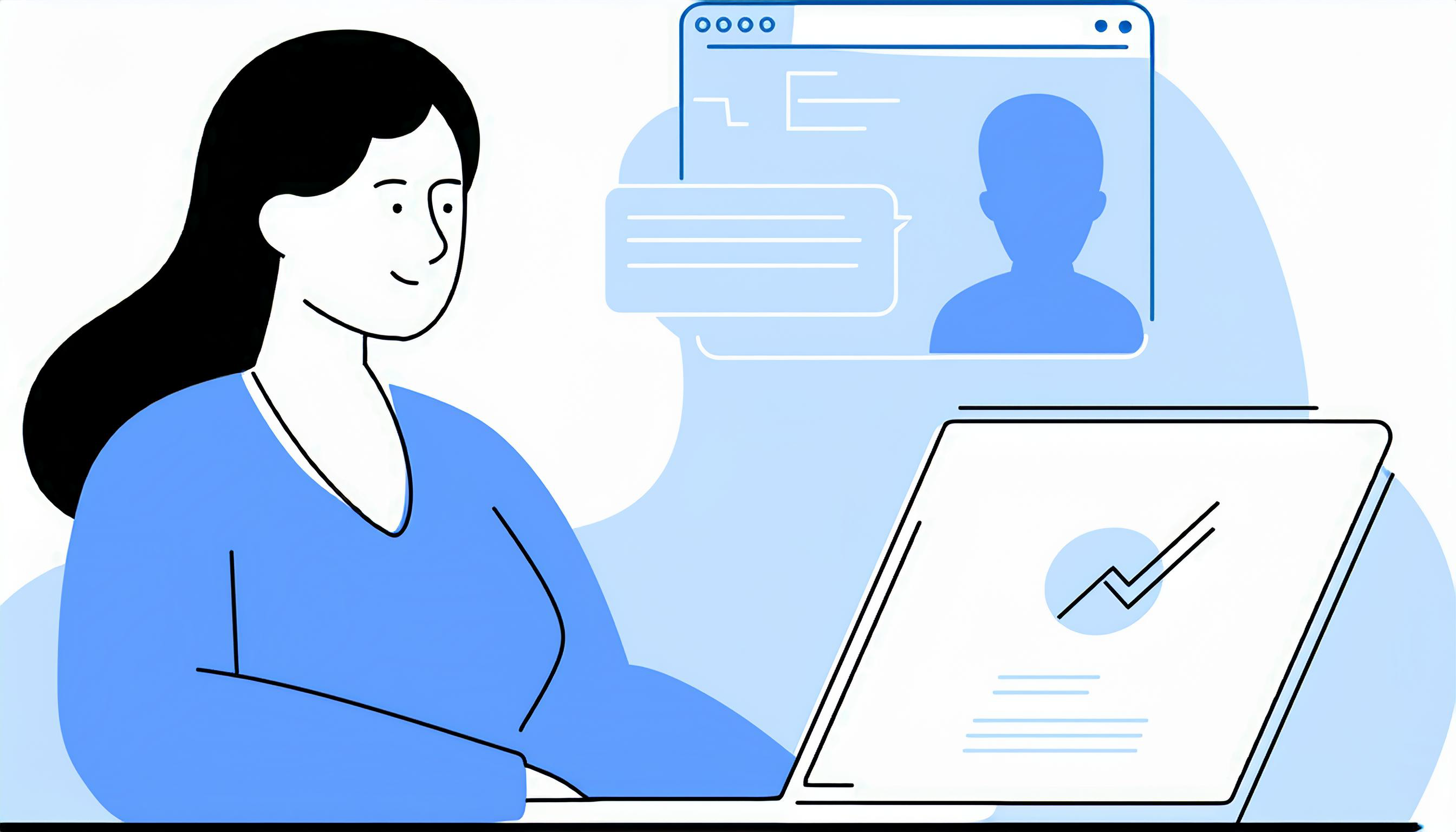 Illustration of a person in a blue shirt using a laptop, with a speech bubble and a LinkedIn profile icon on the computer screen in the background.