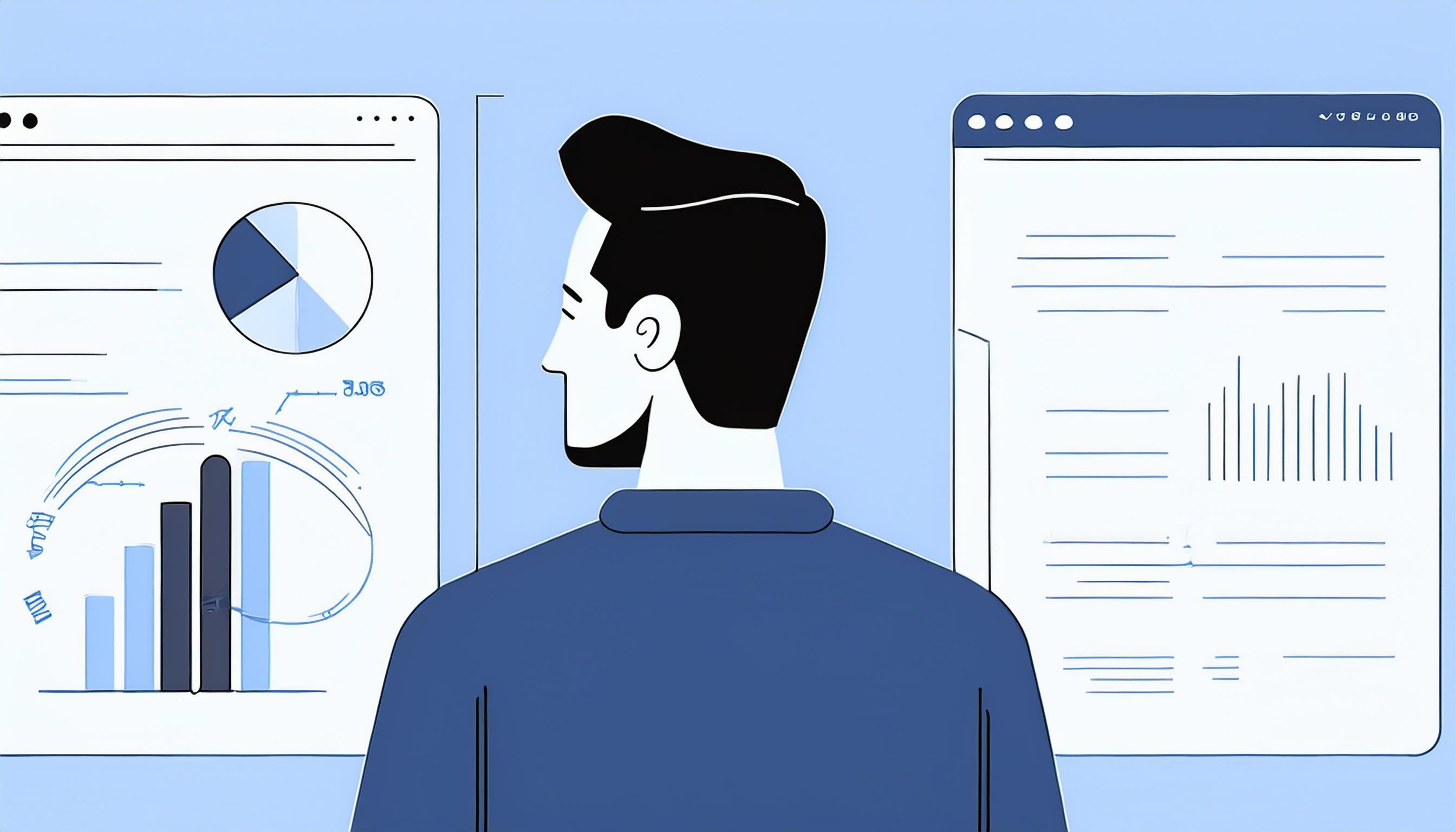 An illustration of a person analyzing data on two large screens. One screen shows bar and pie charts, while the other displays text and graphs, neatly explaining various email formats such as plain text emails and HTML emails.