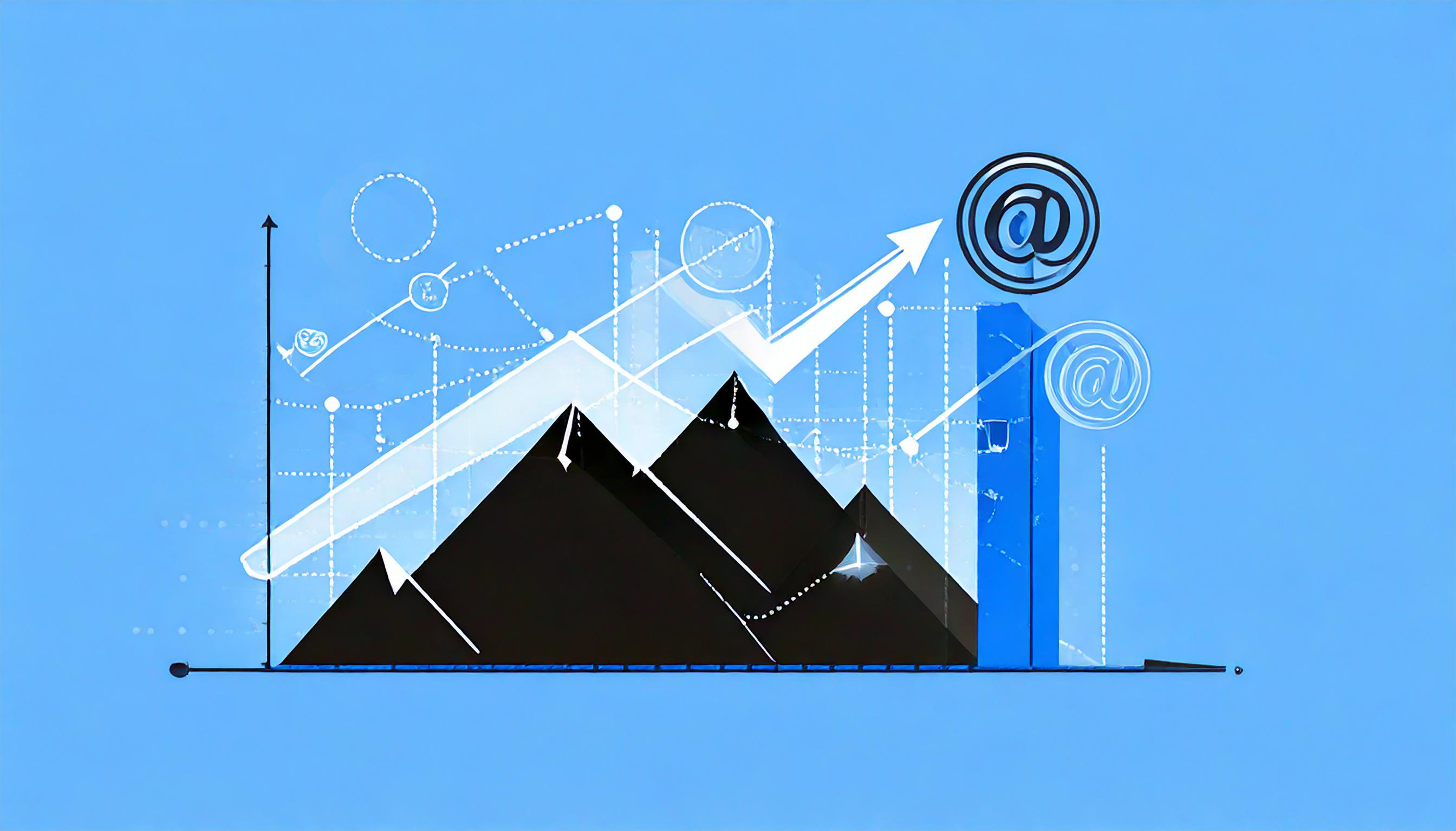Abstract illustration of a graph with black mountains, a blue bar, arrows, and "@" symbols on a blue background, alluding to the journey of emails hitting the inbox and reflecting strategies to improve IP reputation.