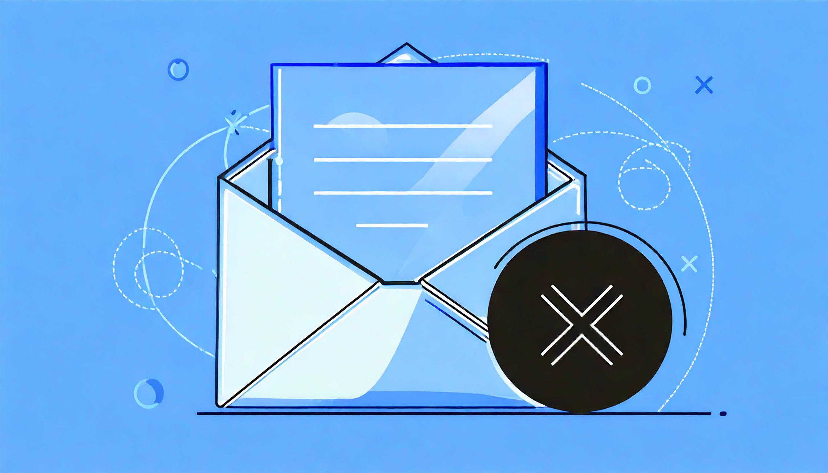 Illustration of an open envelope with a letter inside, accompanied by a black circle with a white "X" symbol on a blue background, resembling a one-click unsubscribe feature.