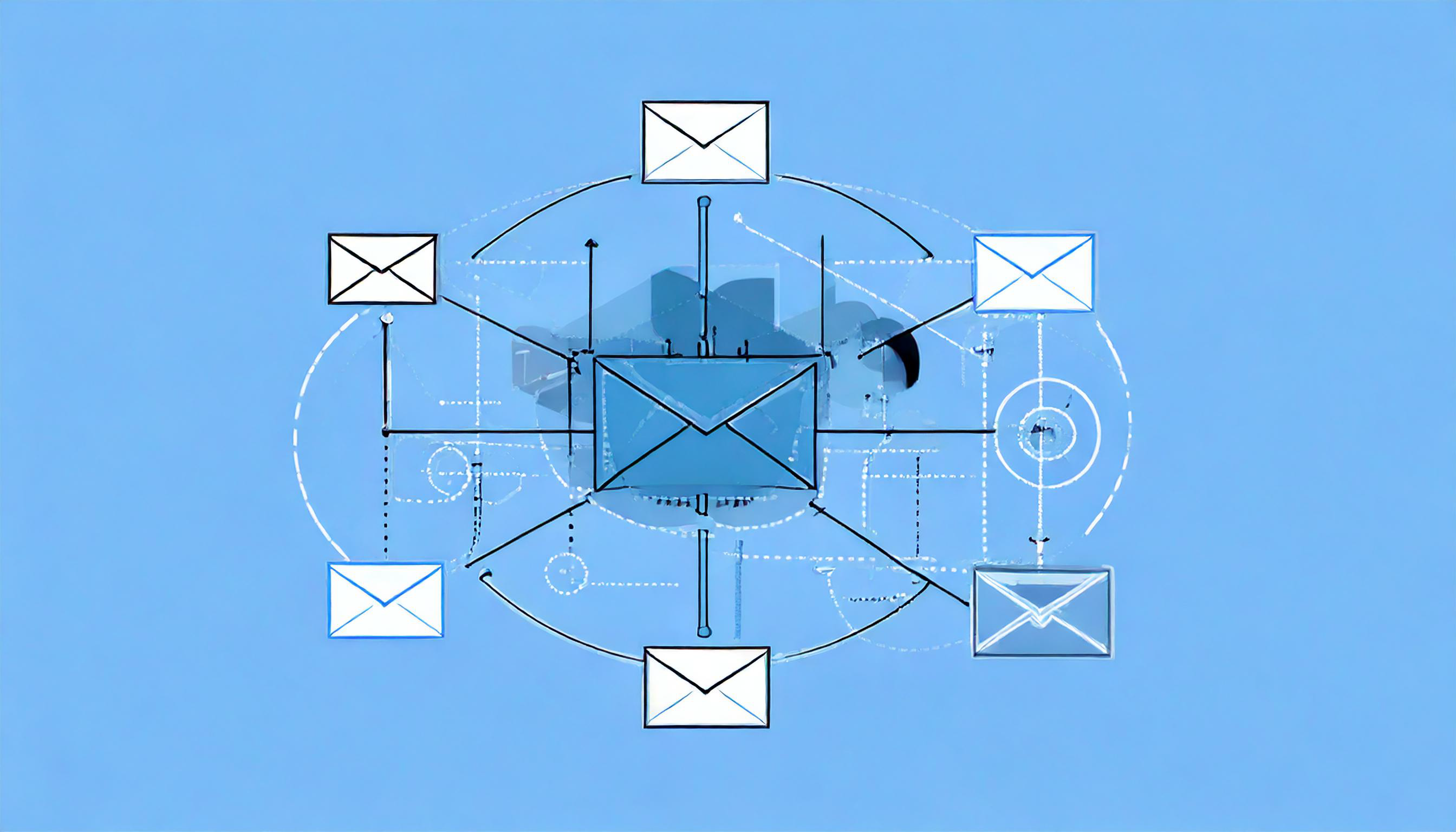 Illustration of a central blue envelope surrounded by multiple white envelopes connected by lines, depicting an email network with enhanced deliverability on a light blue background.