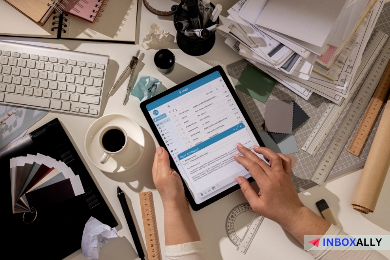 Uma pessoa absorta em um tablet exibindo um aplicativo de e-mail, cercada por um teclado, uma xícara de café, amostras de cores e ferramentas de arquitetura em uma mesa desorganizada - a configuração definitiva para a elaboração do Guia completo para fluxos de trabalho digitais perfeitos.