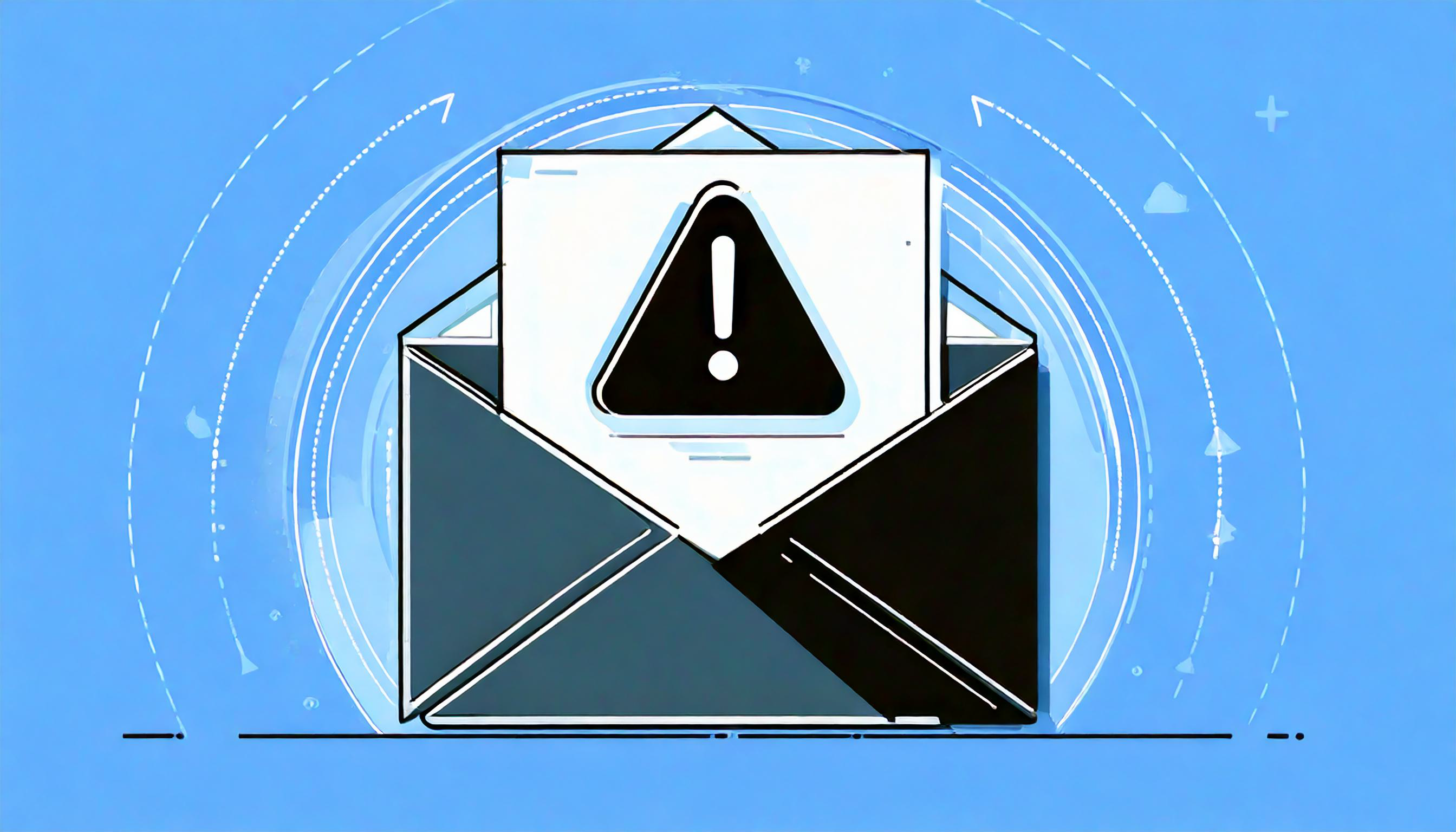 An envelope with an exclamation mark symbol, indicating an alert or warning message about a 550 Permanent Failure, set against a blue background with circular patterns.