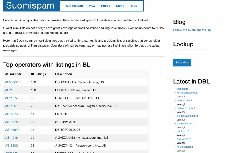 Screenshot of Suomispam's website reveals a list of top operators flagged in the Reputation Blacklist, featuring AS numbers and names such as PONYNET and ELISA. A blue sidebar adds structure to this ultimate guide on spotting spam origins.