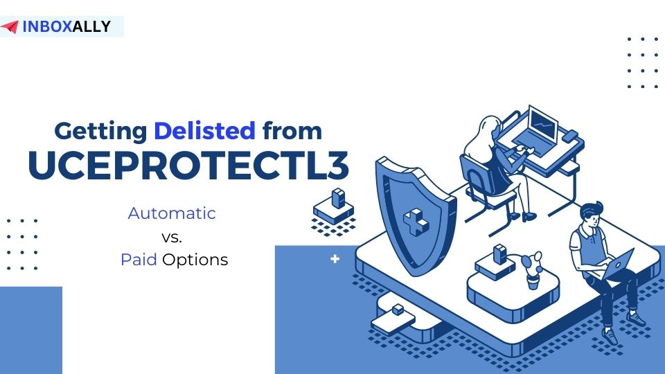 Illustration of people working at desks with text: "Getting Delisted from UCEPROTECTL3: Automatic vs. Paid Options," highlighting the impact on sender reputation and email placement.