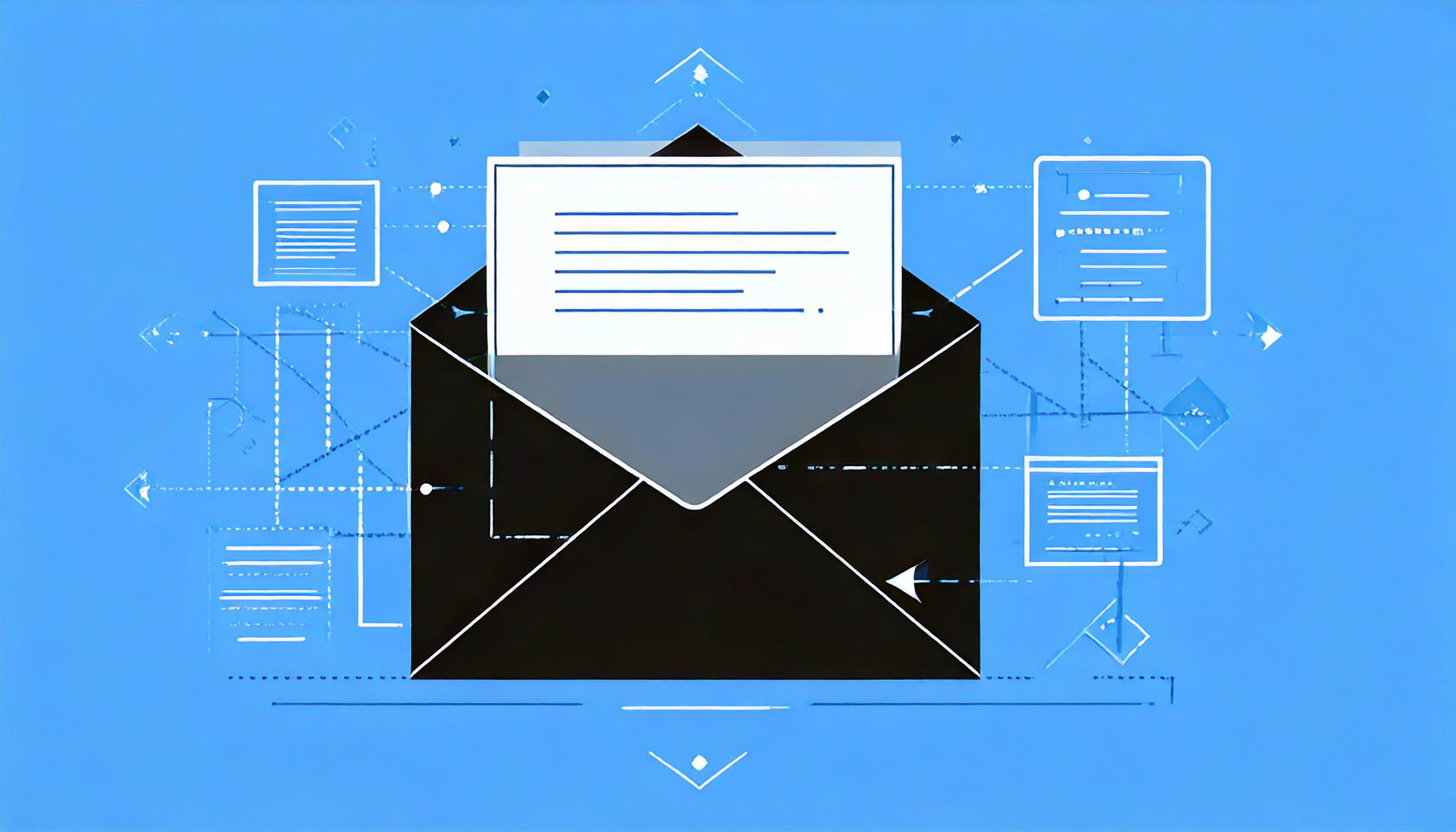An illustration of an open black envelope on a blue background showcases various documents and charts surrounding it, highlighting how optimizing email parts can drive results effectively.