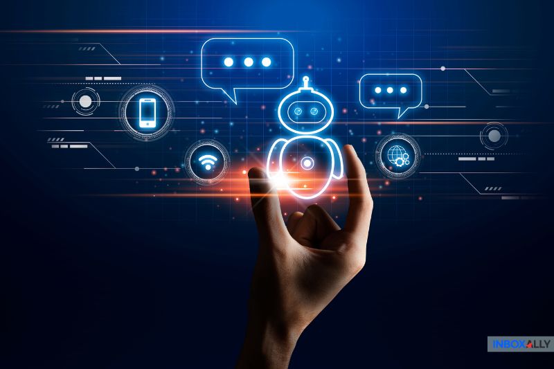 Hand interacting with digital chatbot interface, symbolizing automation in the email marketing customer journey to build real connections.