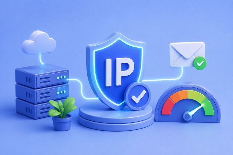3D illustration of an IP shield surrounded by servers, a cloud, an envelope with a checkmark, a plant, and a speedometer, symbolizing internet security, IP reputation, and reliable email deliverability.