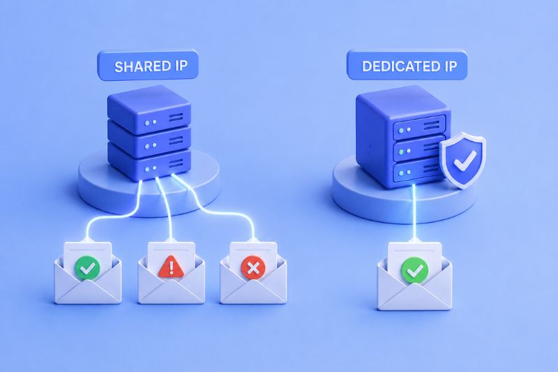 Illustration comparing shared and dedicated IP addresses to show how a dedicated IP gives greater control over email reputation