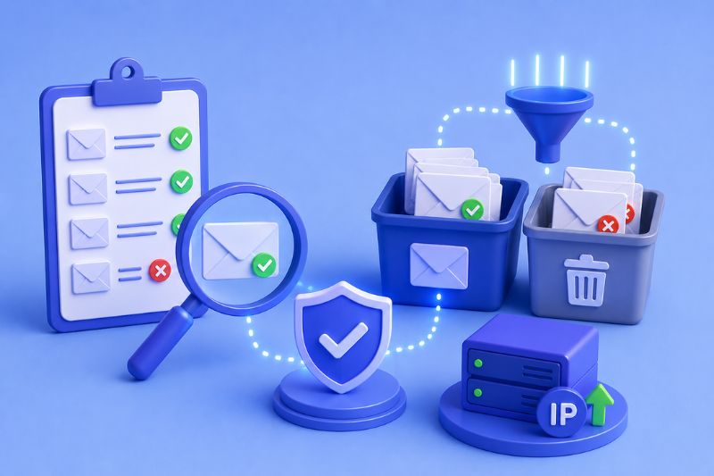 Illustration of clean email list management by validating subscribers and removing inactive or invalid email addresses