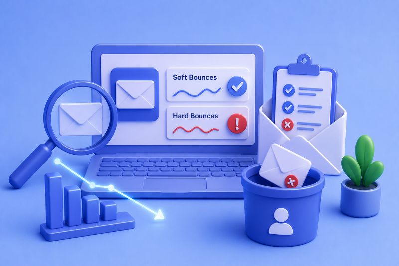 Graphic showing soft and hard bounce tracking to improve email deliverability and maintain a healthy sender reputation