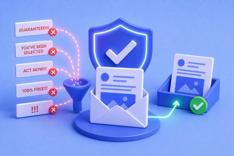 Illustration showing spam trigger words being filtered to improve email deliverability and inbox placement