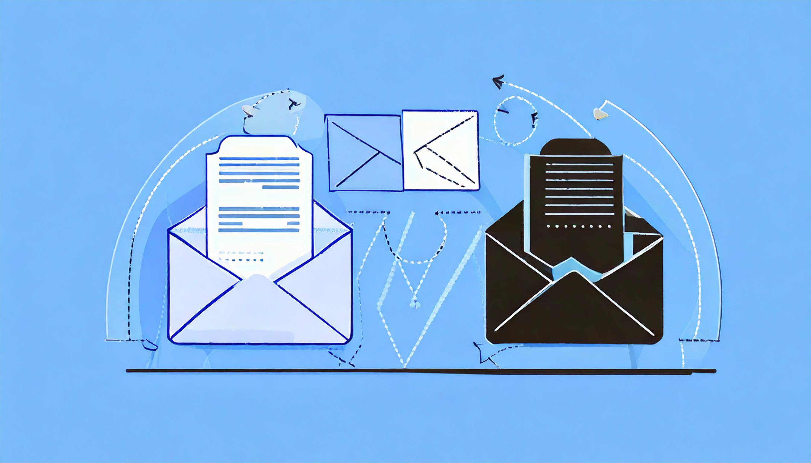Illustration of various opened and closed envelopes with letters on a blue background, highlighting themes of communication, email exchanges, and deliverability.