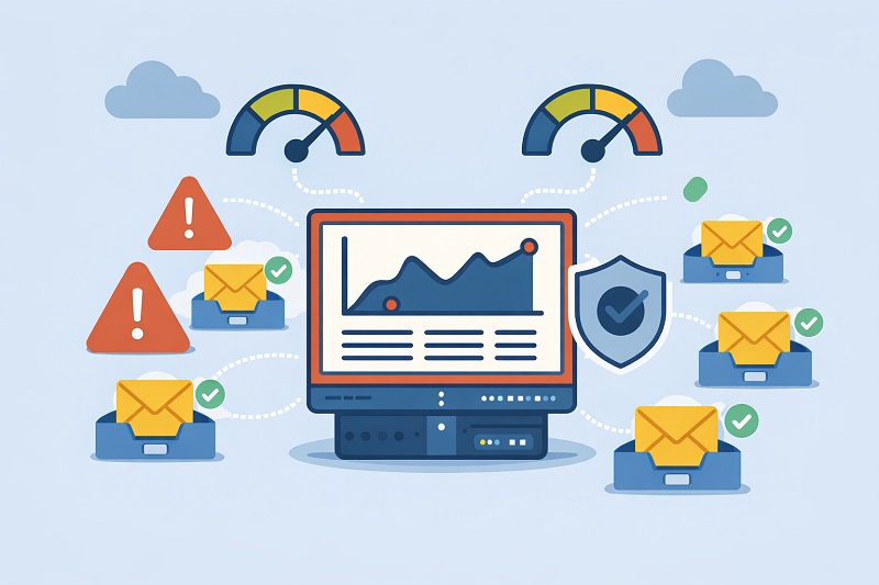 Illustration of a computer displaying a data graph, surrounded by email icons, warning signs, check marks, and gauges, representing email security, analytics, and factors like inbox placement and IP reputation.